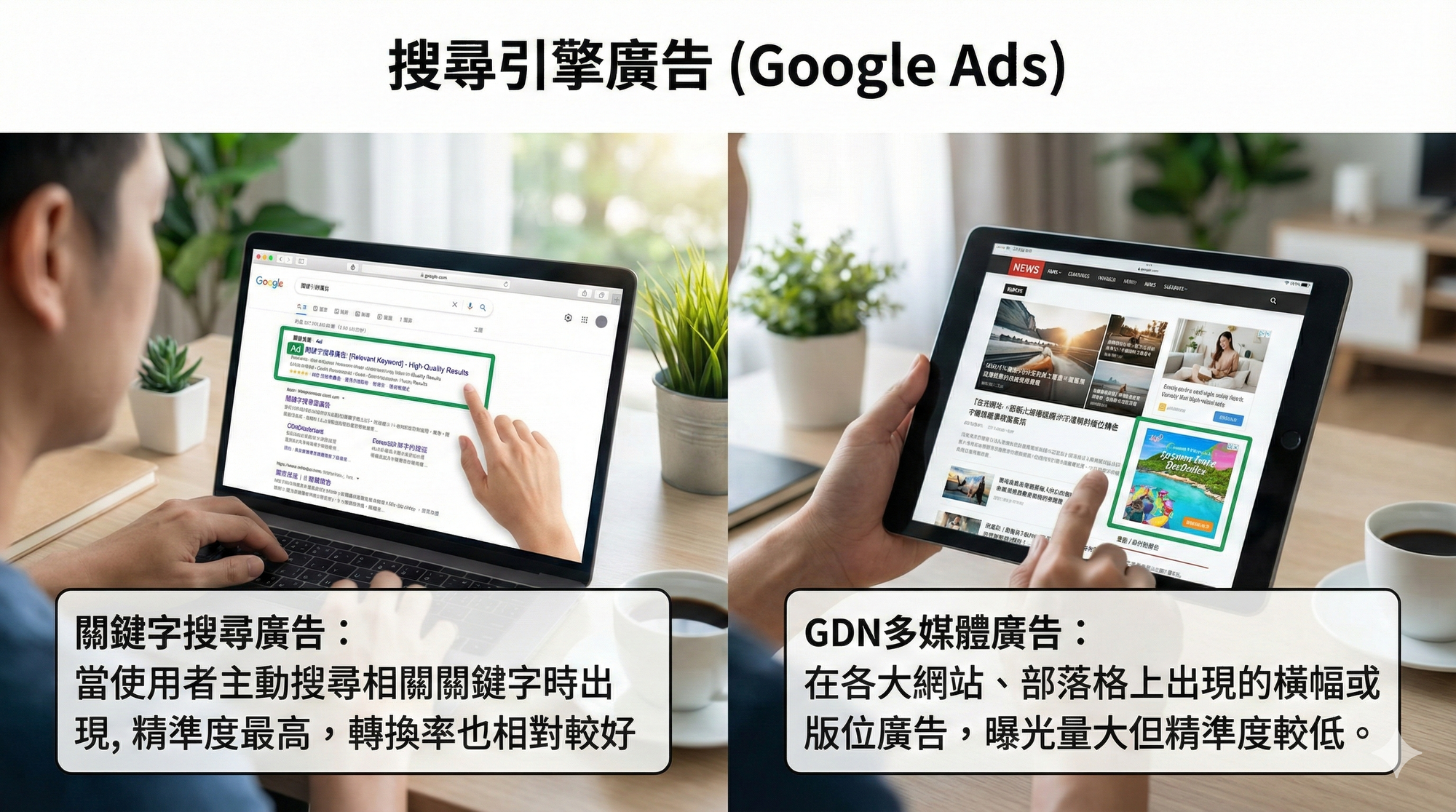 搜尋引擎廣告（Google Ads）分成兩大類：關鍵字搜尋廣告、GDN 多媒體廣告
