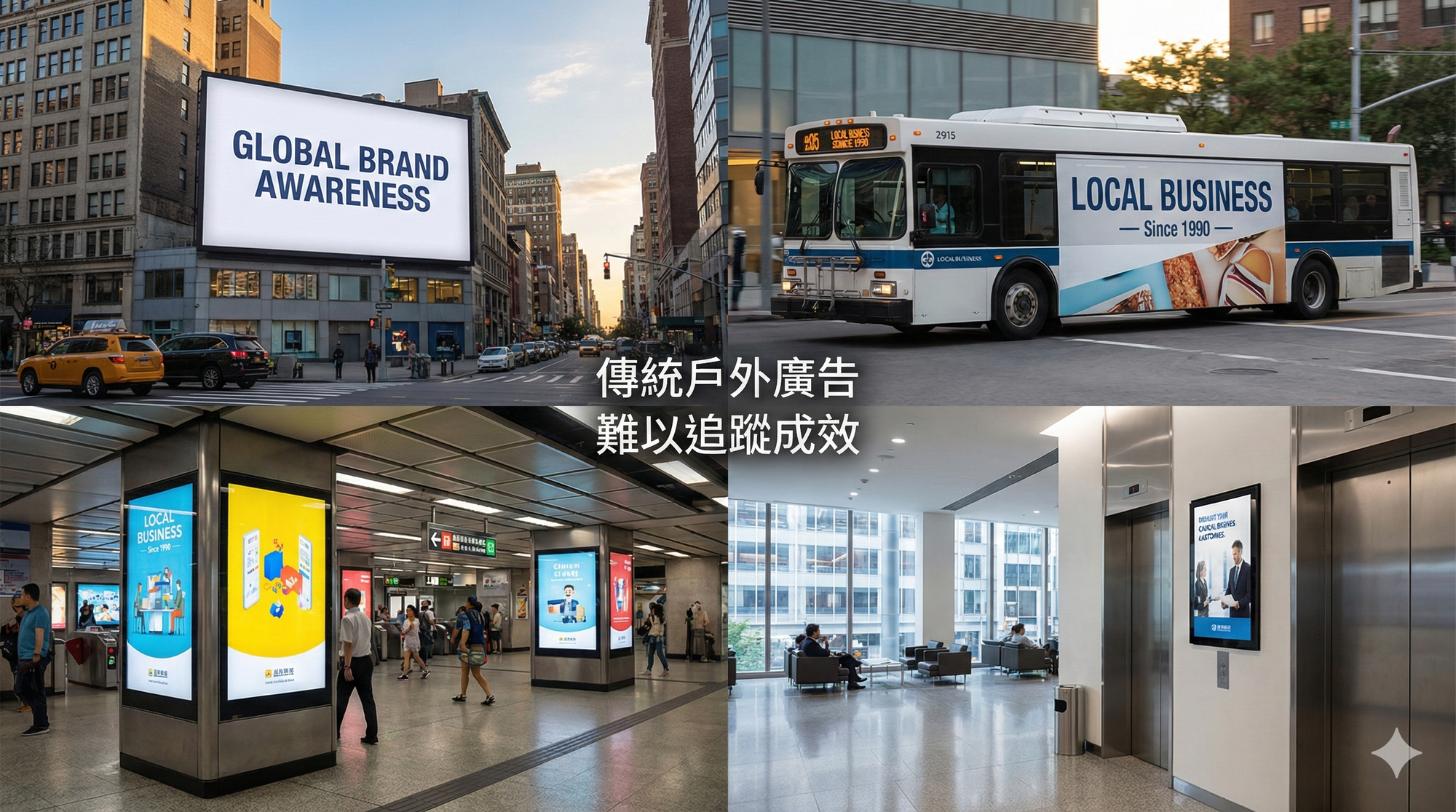 傳統戶外廣告曝光率高、但難以追蹤成效。適合需要建立品牌知名度的企業或在地商家。