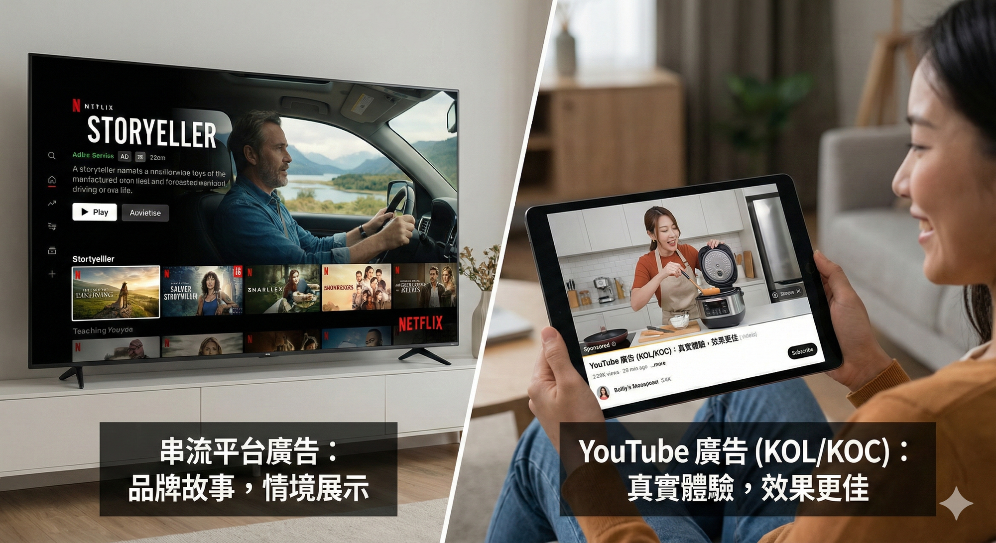 影音廣告 YouTube 廣告、串流平台廣告等。影音內容的吸引力強，特別適合需要展示產品使用情境或說故事的品牌。