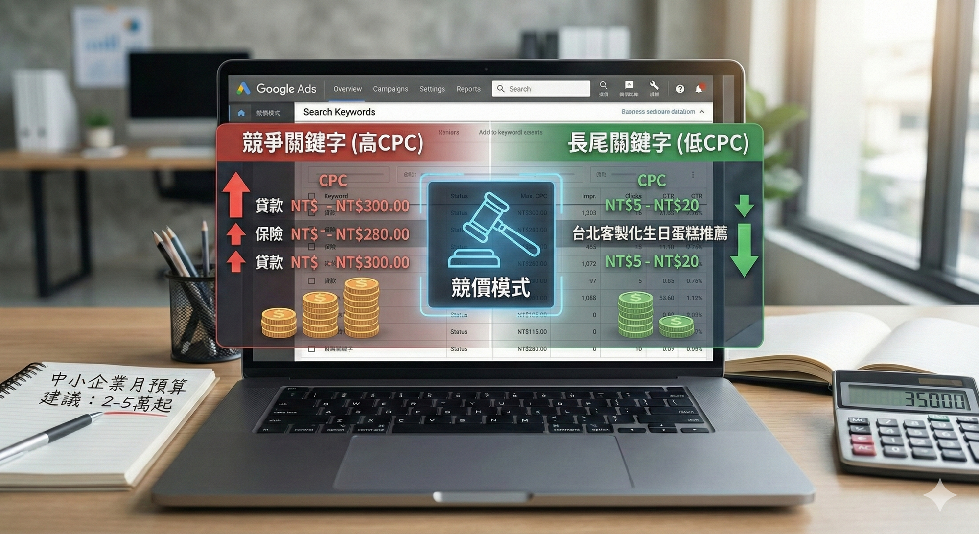 Google 關鍵字搜尋廣告 採用競價模式，每次點擊費用（CPC）從幾元到數百元不等。