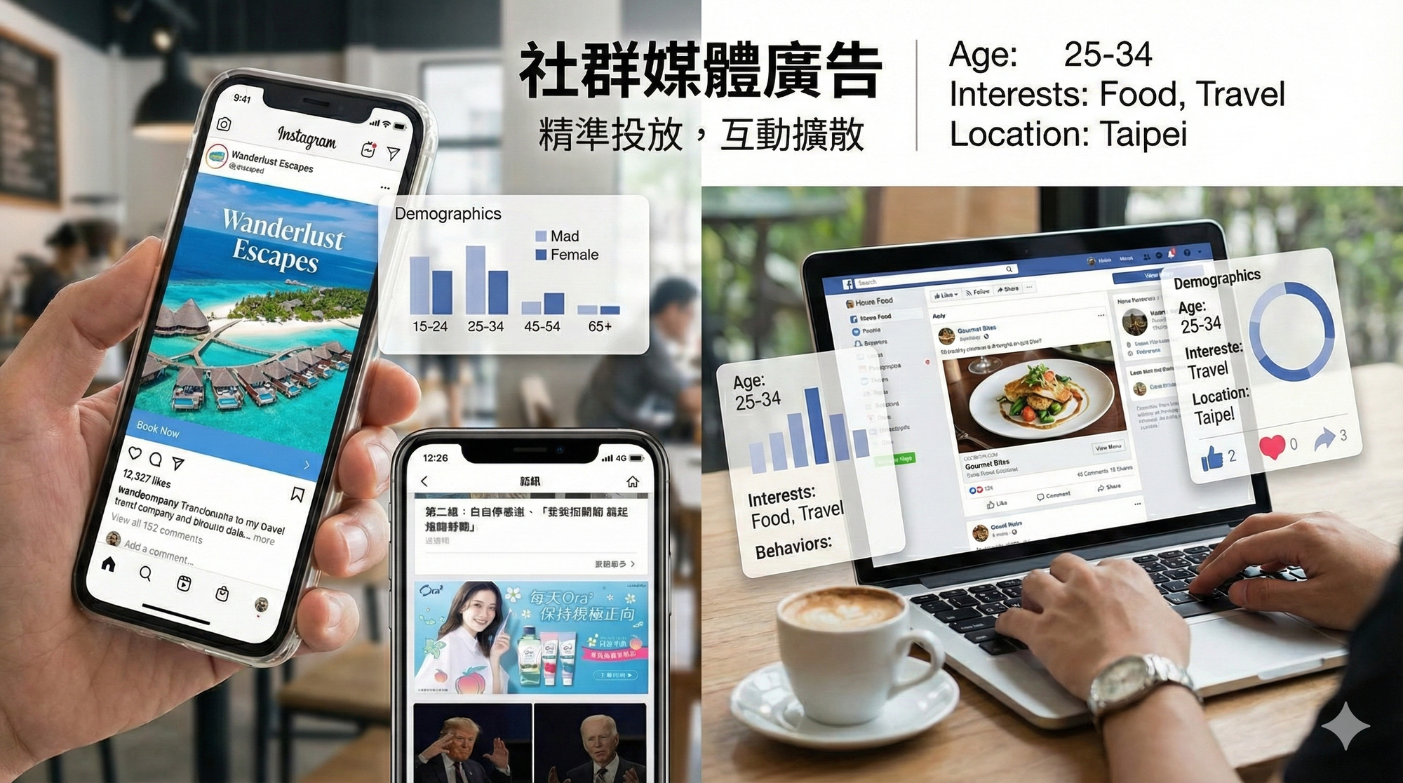 社群媒體廣告 Facebook、Instagram、LINE 等平台廣告，能精準投放，且互動性強、易分享擴散。